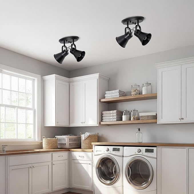 SEEBLEN Black Kitchen Lighting Fixtures Ceiling, 2-Light Adjustable Track Light, Flush Mount Directional Ceiling Light for Hallway, Dining Room, Bathroom