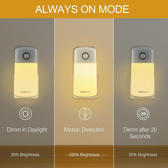 Night Light Plug into Wall with Motion Sensor, Auto On/Off, Portable with 3 Adjustable Modes, Nightlight for Kids, Nursery, Bedroom, Bathroom and Hallway (2 Pack)