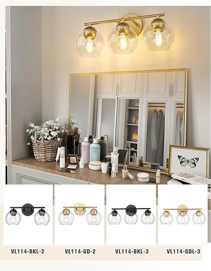 Emak 3-Light Gold Bathroom Light Fixtures Over Mirror, Globe Clear Glass Bathroom Vanity Lights, VL114-GDL-3