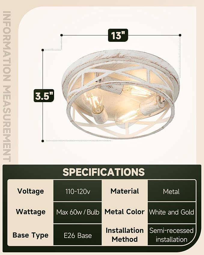 1 Pack Flush Mount Ceiling Light, 3-Light Close to Ceiling Light Fixtures, 13 Inch Metal Ceiling Lights for Bedroom, Living Room, Porch Kitchen (White + Gold)