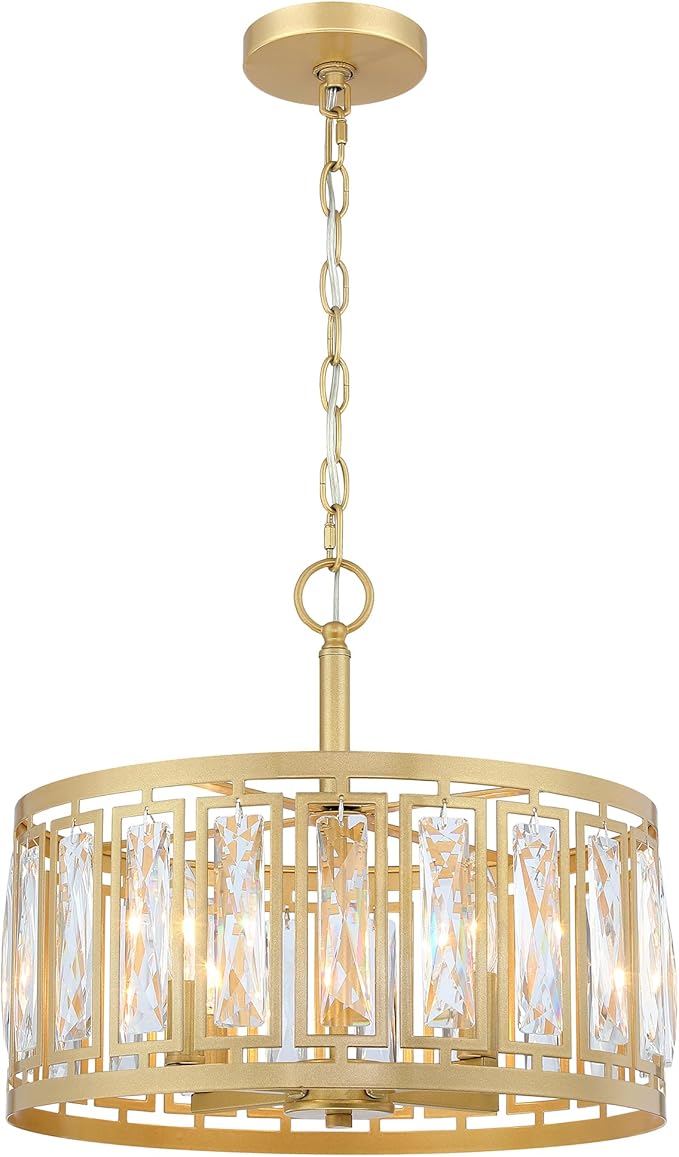 Gold Crystal Chandelier, 4-Light Semi Flush Mount Chandelier Crystal Entry Way Light Fixture Gold Dining Room Light Fixtures Adjustable Height Hanging Pendant Light for Bedroom Living Room