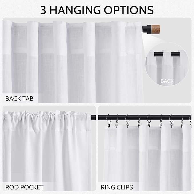 Snow White Linen Curtains 108 Inches Long for Living Room Light Filtering Semi Sheer Curtain Back Tab Luxury Neutral Modern Farmhouse Decor Floor to Ceiling High Window for Bedroom 52x108,2 Panels