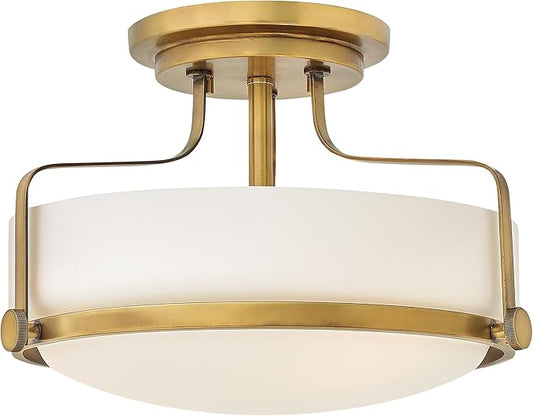 Hinkley Harper Medium Semi-Flush Mount Ceiling Light for Kitchen, Bedroom, Bathroom, and Hallway, Sleek, Retro Style Heritage Brass and Etched Opal Glass