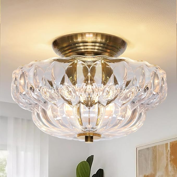 Semi Flush Mount Ceiling Light,11IN Vintage Gold Hallway Lights Fixture,3-Bulb Globe Clear Glass Close to Ceiling Light for Bathroom, Hallway, Dining Room,Bulb Not Included