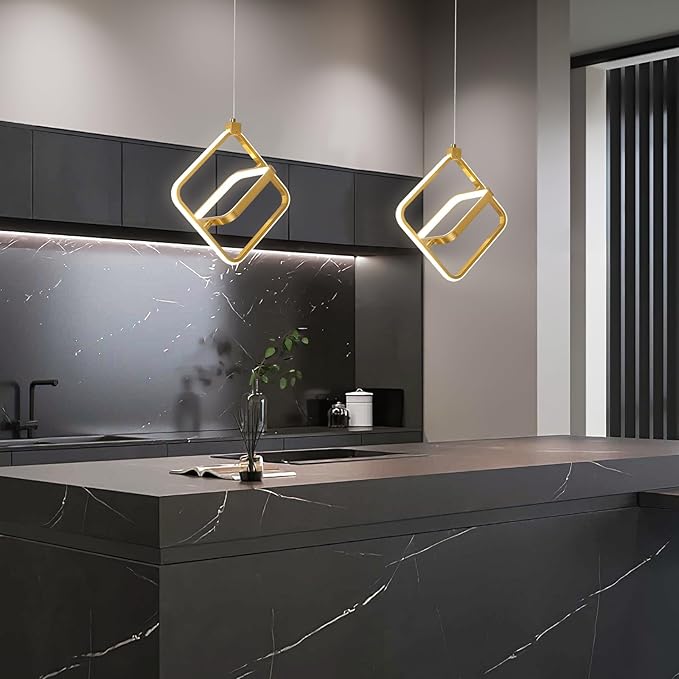 Modern LED Chandelier Gold Rectangular Pendant Light Fixtures 4000K 20W Dimmable Height Adjustable Pendant Lighting for Dining Room Kitchen Island Bedroom Living Room Foyer（3-Pack）