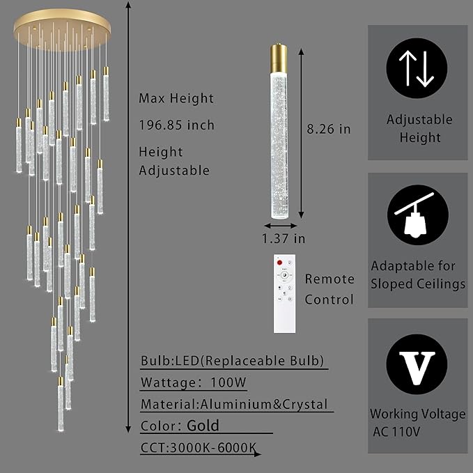 30-Light Gold High Ceiling Chandeliers Modern Crystal Chandeliers for Entryway Long Spiral LED Dimmable Chandelier Flush Mount Ceiling Staircase Foyer Living Room Ceilings Light Fixture