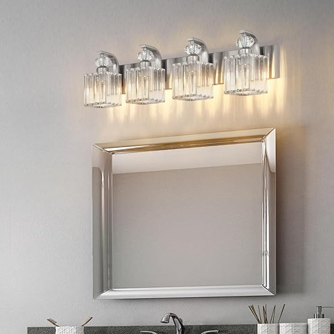 Modern Bathroom Vanity Light, 4-Light Nickel Bathroom Lighting Fixtures Over Mirror, 28.4" Crystal Wall Light Sconce for Bathroom/Bedroom/Vanity, Includes LED Bulbs, Easy Installation