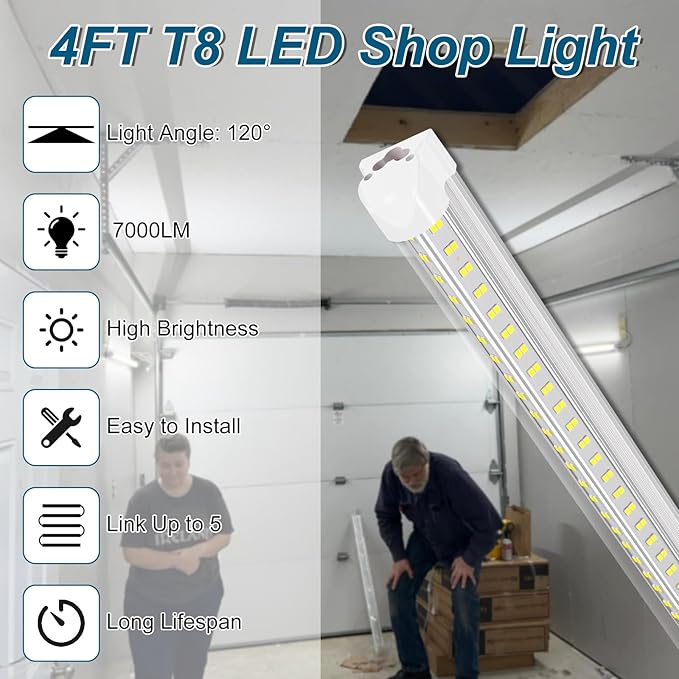 Led Shop Lights,Led Shop Lights 4FT 50W 6500K 7000LM Clear White,Shop Light 4FT 110V Linkable Integrated V-Shape for Shop Garage,Warehouse,Workbench and Workshop Commercial Bay Lighting(8-Pack)