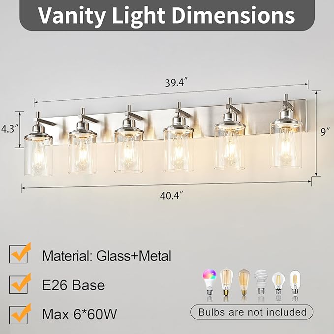 Lanhall 6-Light Brushed Nickel Bathroom Light Fixture Over Mirror Modern Bathroom Vanity Light Vintage Wall Lighting with Clear Glass Shade for Bathroom, Bedroom, Hallway, Cabinet