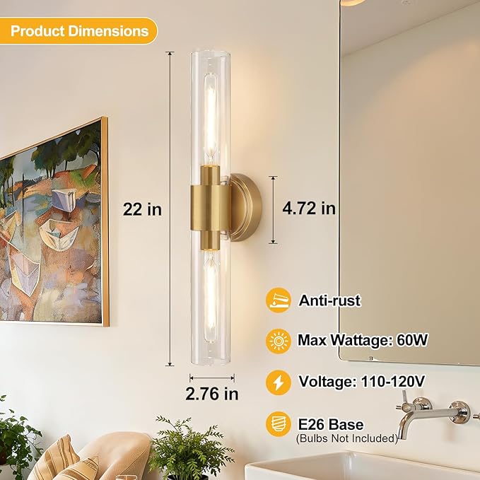 Wall Sconces Set of Two, Brushed Gold Bathroom Sconces Wall Lighting with Clear Glass, Hardwired Modern Sconces Wall Decor Set of 2 for Bathroom Mirror Bedroom Living Room Hallway