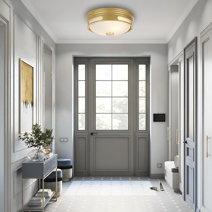 Close to Ceiling Light Fixture, Flush Mount Ceiling Light with Frosted Glass Shade, 2-Light Modern Country Black White Ceiling Lamp for Kitchen Bathroom Hallway Entryway Foyer Black ROS64A BG