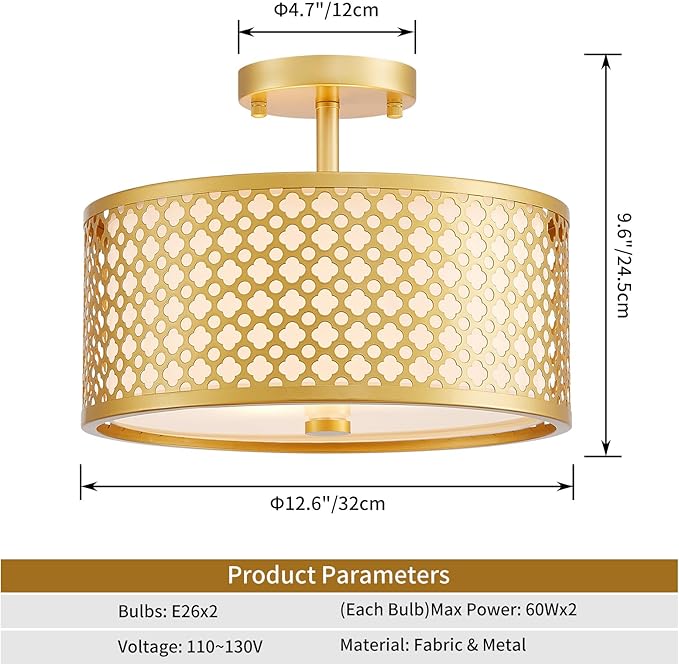 Farmhouse Drum Ceiling Light, 2-Light Mid-Century Modern Semi-Flushmount Light Fixture for Bedroom, Entryway, Kitchen, D13xH9inch, Gold Finish Patterned Lampshade & White Fabric Inner Shade