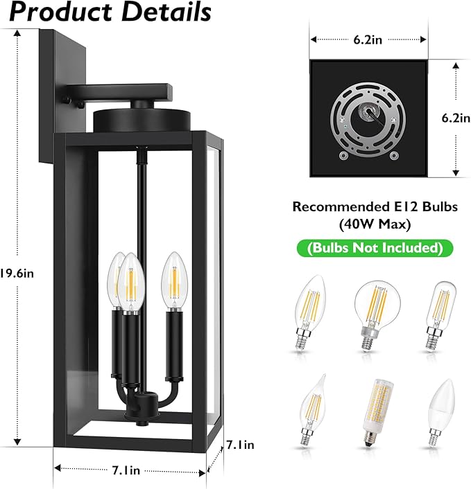 BesLowe 19.6” Large Size Outdoor Wall Light Fixture, 3-Light Exterior Lighting Fixture Porch Sconce Wall Mounted, Waterproof Outdoor Wall Lantern, Outside Light for House Patio Front Door Garage