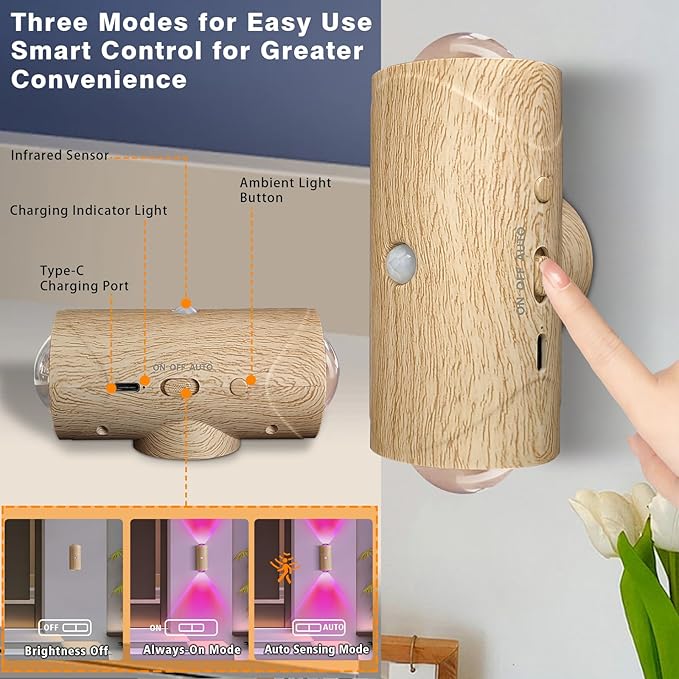 LED Wireless Wall Sconce with 7 Colors Changing, Motion Sensor Light Indoor, 1500mAh Rechargeable Battery Operated Wall Sconces for Bedroom Bedside Hallway Courtyard Doorway (Wood-Colored)
