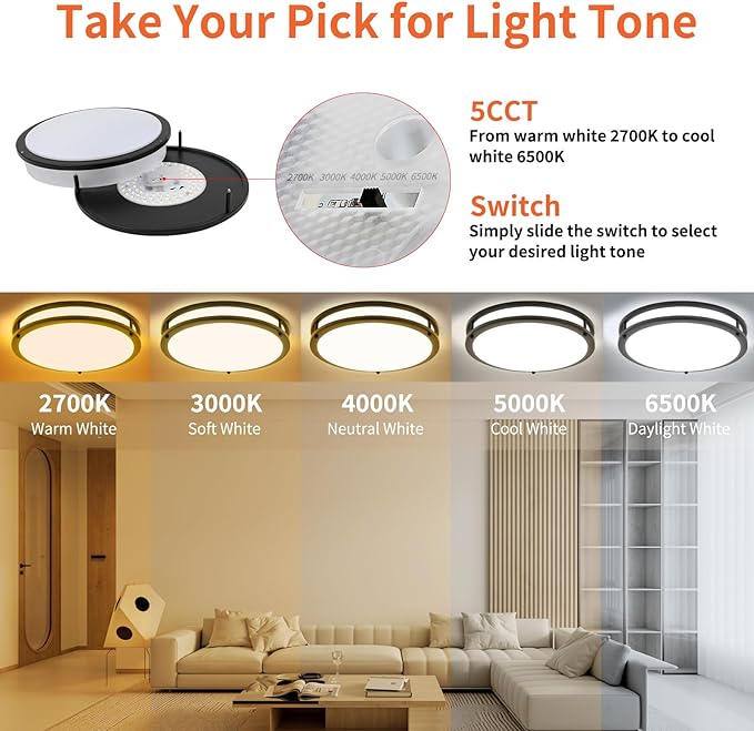 13Inch 36W Ceiling Light Fixtures 2 Packs, 5CCT Flush Mount Ceiling Mount Lights 2700K 3000K 4000K 5000K 6500K, Dimmable Close to Ceiling Lights, LED Ceiling Lights for Bathroom Kitchen Bedroom, Black