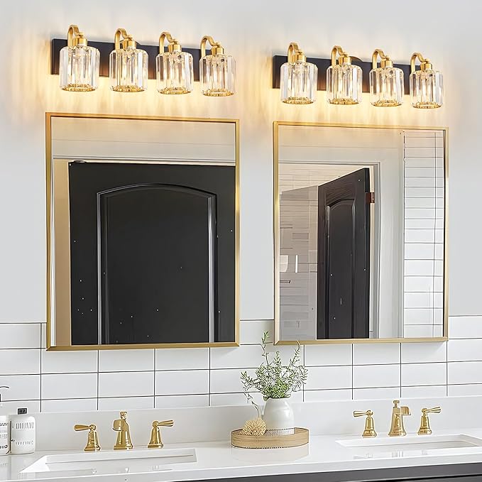 4 Light Crystal Vanity Lights for Bathroom, Modern Matte Black and Gold Wall Lighting Fixtures with Crystal Round Shade Over Mirror (Exclude Bulb)