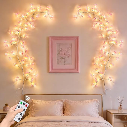 Cherry Blossom Tree Branch Lights: Cherry Blossom Willow Vine Garland with 54 LED Light and Remote for Wall Decor - 4 Lighting Modes Christmas Indoor Decorations for Home Bedroom Window (Pink)