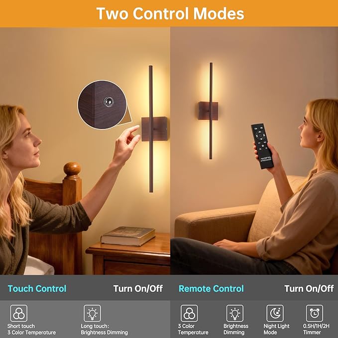 Shenmoyl Battery Operated Wall Sconce Set of 2, 8000mAh Rechargeable Wall Sconces, 3000K-6000K Dimmable, 350°Rotate, Indoor Wall Lights for Bedroom Living Room Bathroom, Black Walnut, 23.6 Inch