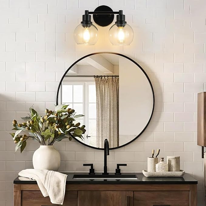 Bathroom Vanity Light 2 Light, Black Bathroom Light Fixtures with Clear Globe Glass Shade, Matted Black Wall Sconce Over Mirror for Kitchen, Living Room