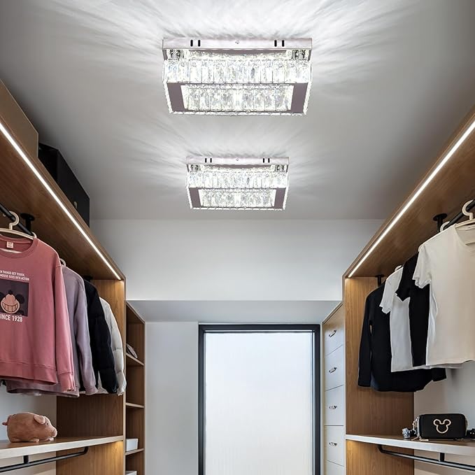 Finktonglan Crystal LED Flush Mount Ceiling Light, 11.8"×9.1" Rectangular Close to Ceiling Light, K9 Crystal & Mirror Stainless Steel, 20W 6000–6500K Cool White, Non-Dimmable