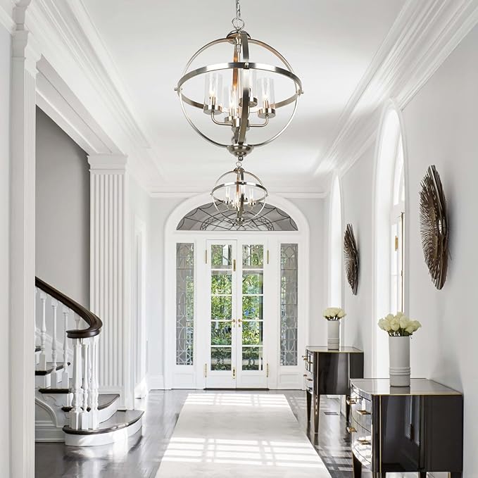 Treekee Chandelier Farmhouse Hanging Lighting, 4-Light Globe Orb Chandelier, Adjustable Modern Farmhouse Pendant Light Fixture for Dining Entryway Foyer, Brushed Nickel Finish
