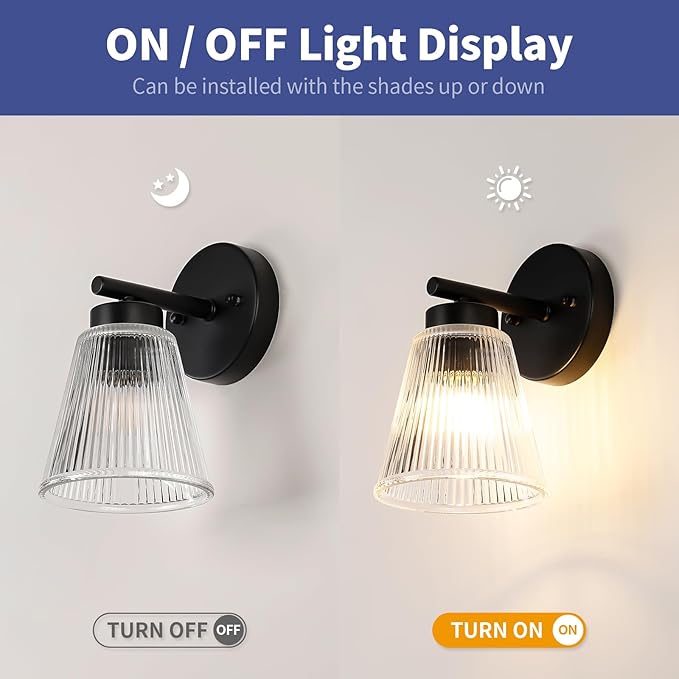 OCIOC Set of 2 Wall Sconces for Bathroom, Black Modern Vanity Light Fixtures with Striped Glass Shade, Mount Lighting Lanterns for Mirror, Living Room, Bedroom, Hallway, Farmhouse