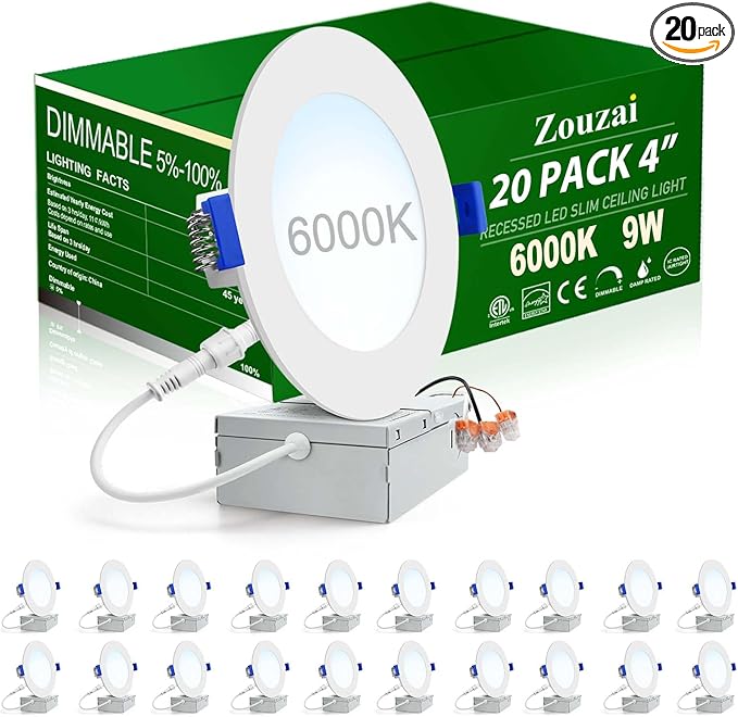 zouzai 20 Pack 6 Inch Ultra-Thin LED Recessed Ceiling Light with Junction Box 5000K Daylight Adjustable Dimmable Can-Killer Downlight - ETL and Energy Star Certified