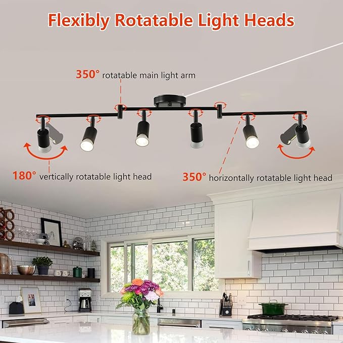 Dimmable 6 Light Black Plug in Track Light White Plug in Ceiling Lighting Fixture with 16.4' Long Cord,6 Way Ceiling Spotlight,Rotatable Wall Mount Light Head,LED dimmable Spot Bulbs Included