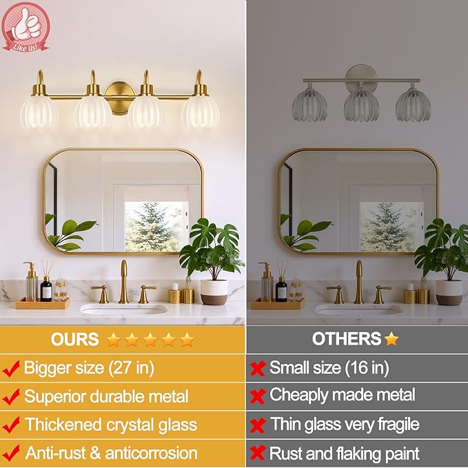 4-Light Bathroom Light Fixtures, 27" Brushed Gold Vanity Lights for Bathroom with Ribbed Frosted Clear Tulip Glass Shade, Vintage Bathroom Vanity Lighting Fixtures Over Mirror for Living Room Hallway