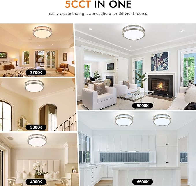 2-Pack 10Inch Flush Mount LED Ceiling Light Fixtures, Ultra Bright 3200LM Dimmable 5CCT 2700K-6500K, Kitchen Bedroom Bathroom Stairwell, Nickel
