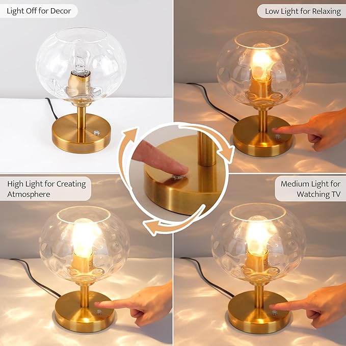 Touch Control Hammered Glass Table Lamp Brass Gold Portable Dimmable Brightness Small Nightstand Light 3-Way Stepless Dimming Bedside Bedroom Living Room (Clear Glass & Gold)