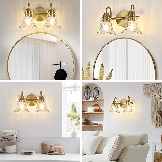 Bathroom Light Fixtures Over Mirror, 2 Lights Vintage Wall Sconces with Hammered Glass Shade, 12.6" Gold Bathroom Wall Light Fixtures for Bedroom, Porch, Hotel, Mirror Cabinet