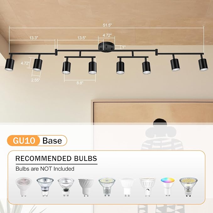 Black Track Lighting Fixture Ceiling, Modern Track Light Fixtures Kitchen, 8-Light Rotatable LED Track Lights, Semi Flush Wall Sconces Lighting for Dining Room/Hallway(GU10 Socket, Bulb Not Included)