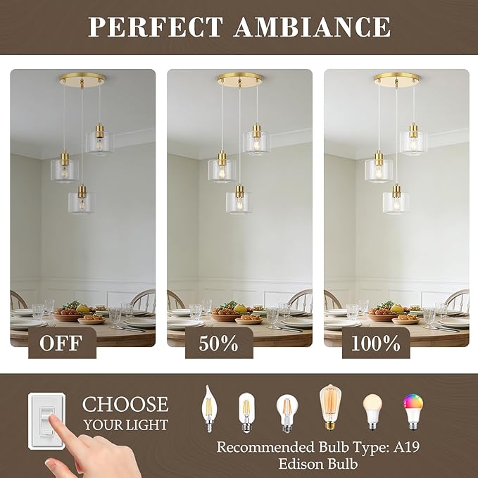 Brushed Gold Dining Room Chandelier Light Fixture, 3-Light Pendant Lighting with Clear Glass, Modern Kitchen Island Cluster Hanging Pendant Lights for Kitchen Dining Room, OS-YQ8153-3BGC