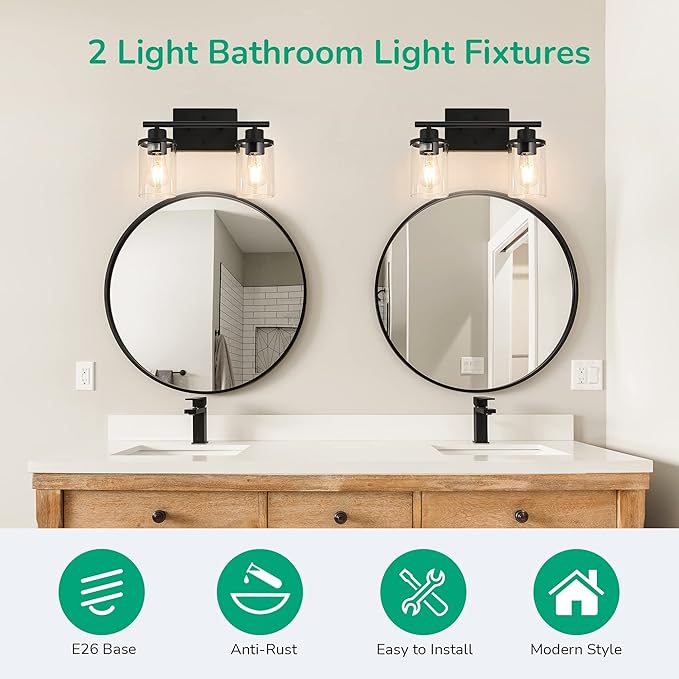 EDISHINE Bathroom Light Fixtures, 2-Light Bathroom Vanity Light with Clear Glass Shades, Matte Black Vanity Lights, Vintage Wall Sconces for Bedroom Living Room Hallway, E26 Base (Bulbs Not Included)