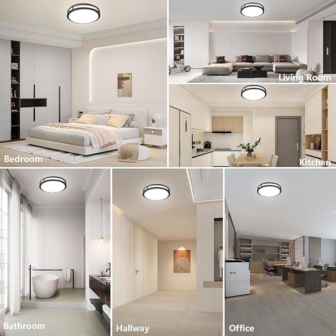 OOWOLF 10 Inch 24W LED Ceiling Lights, 5000K Brightness Adjustable Flush Mount Ceiling Light, Super Bright Matte Black Lighting Lamp Fixture for Bedroom Bathroom Dining, 2-Pack, Daylight White
