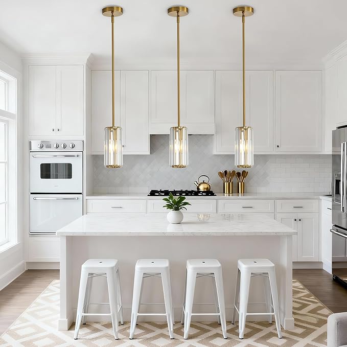 Gold Modern Pendant Light for Kitchen Island, 1-Light Mini Crystal Chandelier with E26 Base, Small Hanging Luxury Fixture for Dining Room, Bedroom, Foyer and Hallway
