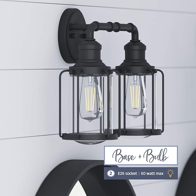 Prominence Home Lincoln Woods 2 Light Matte Black Industrial Bathroom Vanity Light with Cage and Clear Glass - 51544-01