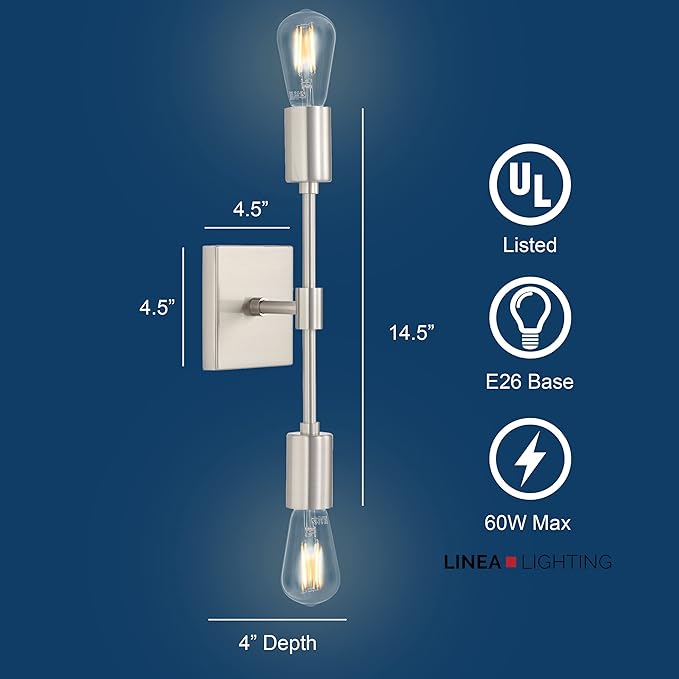 Linea di Liara Berbella 2-Light Brushed Nickel Bathroom Vanity Light Fixtures Modern Wall Sconces Lighting Fixture Wall Lights for Hallway and Bedroom Sconces with Two LED Bulbs Included, UL Listed