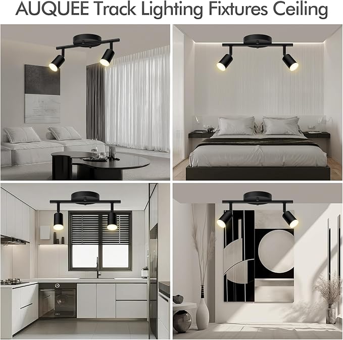 AUQUEE 2 Light Track Lighting Fixtures Ceiling, 8W/2700K Black Track Lighting with Acrylic Lampshade & Rotatable Light Heads, 20000hrs Lifespan, Modern LED Track Lights Ceiling for Kitchen/Hallyway