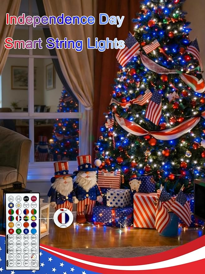 Smart Color Changing 4th of July Lights with Remote & App, 198FT 600LED Red White and Blue Twinkle Lights with Timer, RGB Patriotic Fairy String Light Waterproof Indoor Outdoor Independence Day Decor