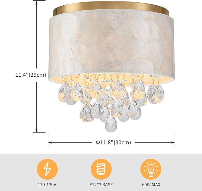 3-Light Capiz Shell Drum Crystal Ceiling Light, D12xH11 Inch, Coastal Design Close to Ceiling Flushmount Light Fixture for Dining Room, Bedroom, Kitchen, Shell Lampshade & Gold Finish Frame