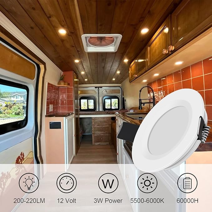 RVZONE RV Boat Recessed Ceiling Light 6 Pack 12V LED Puck Light with Hole Puncher DC 12V 3W Full Aluminum Downlights for Under Cabinet Camper Vans RV Interior Lighting,2700-3200K