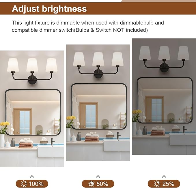 Bathroom Vanity Light, Matte Black Bathroom Light Fixtures, 3-Light Lighting Fixtures Over Mirror, Modern Wall Sconce with Flared White Fabric Shade, E26 Socket(ETL Listed)