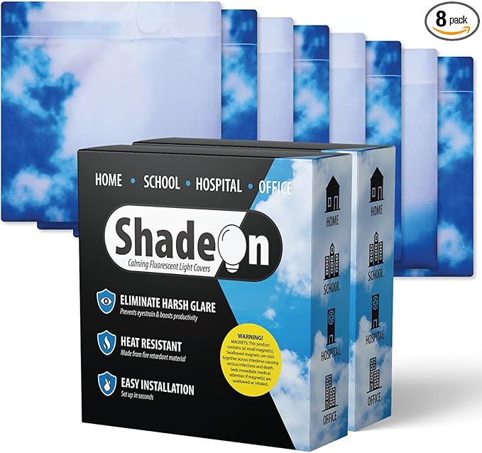 ShadeOn Fluorescent Light Covers for Ceiling Lights (8-Pack) - 2x4 ft Magnetic Light Covers for Ceiling Lights Classroom - Office Light Covers for Fluorescent Lights - Summer Sky