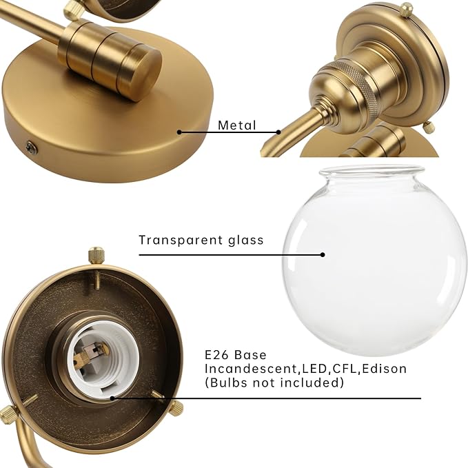 Industrial Vintage U-Shaped Wall Sconce 1-Light with 5.9” Round Clear Glass Globe Shade Indoor Wall Mounted Lamp Fixture