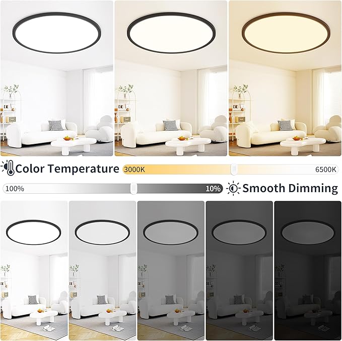 20 Inch Flush Mount Ceiling Light with Remote, 45W Dimmable LED Fixture 4500LM, 3000K-6500K Adjustable, Round Ceiling Lamp for Bedroom, Kitchen, Living Room, Dining Room, Bathroom, Black