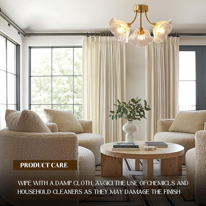 Gold Brass Flush Mount Ceiling Lights Glass Chandelie 3-Lights Clear Flower Glass Shade Mid Century Modern Close to Ceiling Light Fixtures Sputnik Overhead Light Dining Room 2-Pack