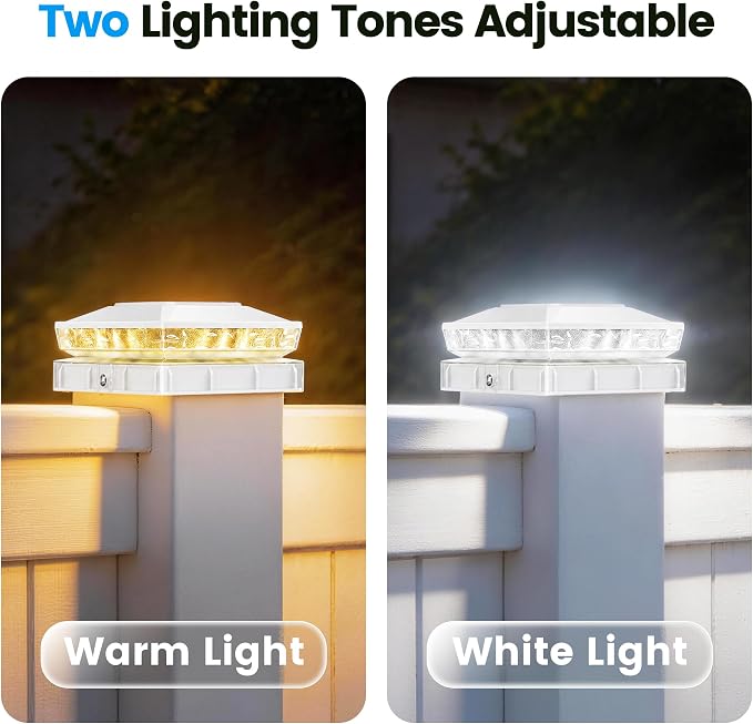 Solar Post Cap Lights 6 Pack, IP65 Waterproof Outdoor Fence Post Solar Lights for 3.5x3.5 & 4x4 Wood/Vinyl Posts, 10-12 Hours Upgraded Warm/Cool White Glow for Garden/Patio/Porch - White