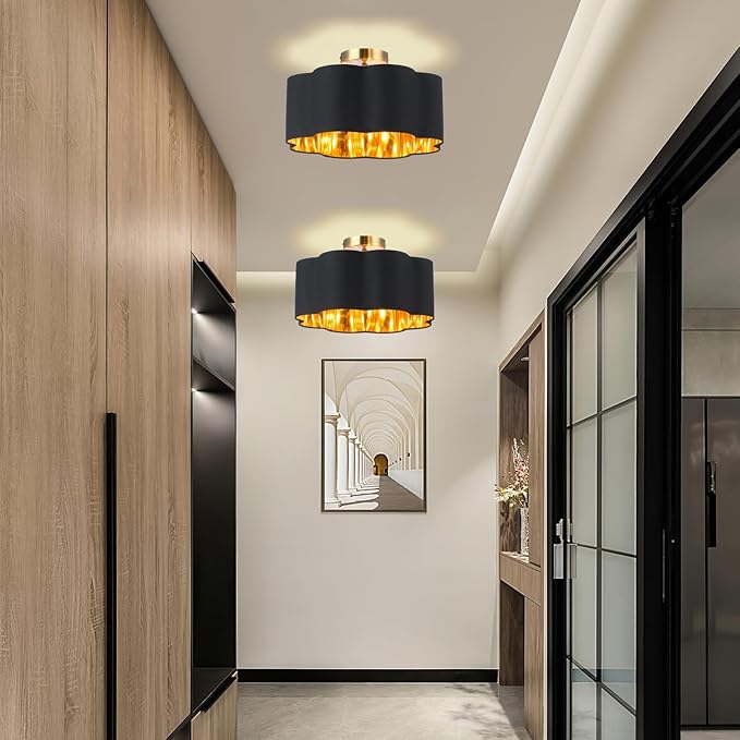 Newrays 3-Light Semi Flush Mount Ceiling Light Fixture, Fabric Shade Modern Close to Ceiling Lamp for Nursery Kids Room Bedroom Kitchen Hallway Entryway with 3PCS LED Bulbs (Black)